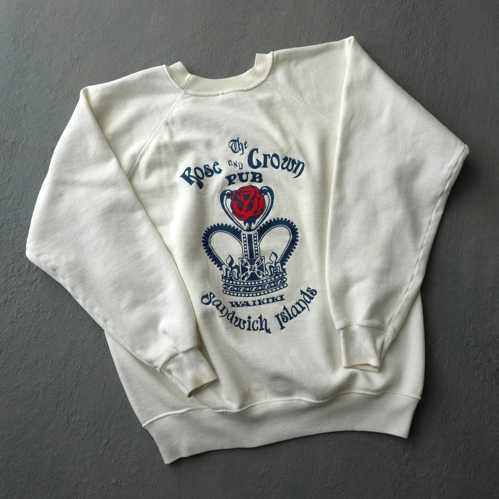 Vintage 80s Hanes White Sweatshirt L Rose and Crown Pub Waikiki Raglan